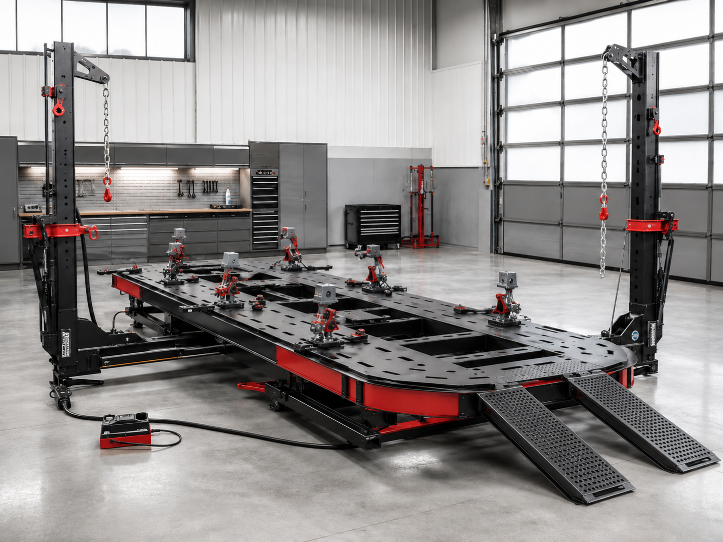 Professional automotive frame straightening machine with two pulling towers